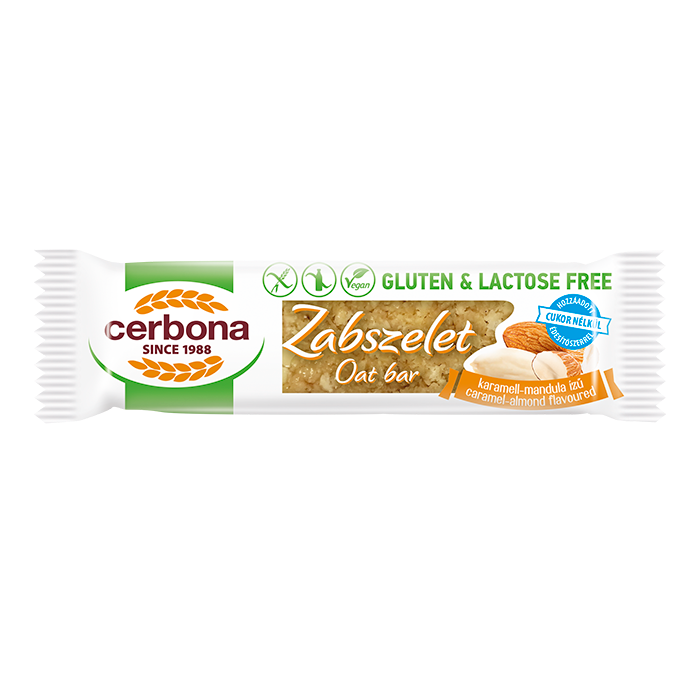 Baton de ovaz cu aroma de caramel si migdale, fără zahăr adăugat, cu îndulcitor, fără gluten și fără lactoză