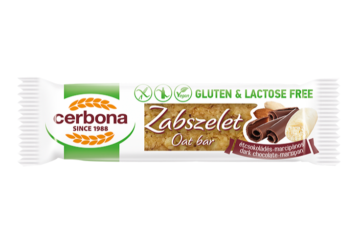 Baton ovăz cu ciocolată neagră și marțipan, cu talpă din glazură de cacao, fără gluten și fără lactoză
