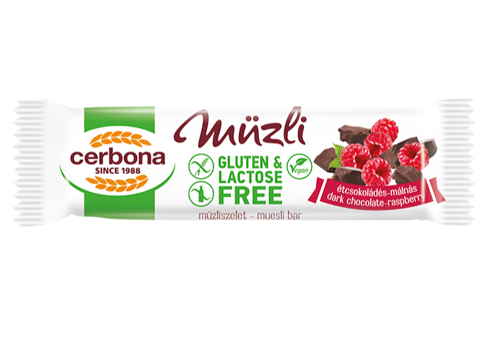Baton musli cu ciocolatǎ neagrǎ şi zmeurǎ, cu glazurǎ de cacao, fără gluten și fără lactoză
