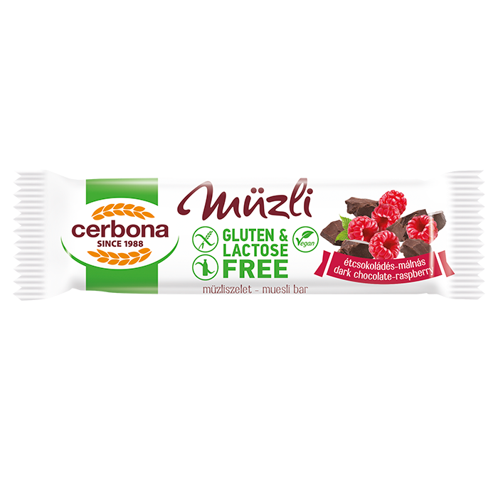Baton musli cu ciocolatǎ neagrǎ şi zmeurǎ, cu glazurǎ de cacao, fără gluten și fără lactoză