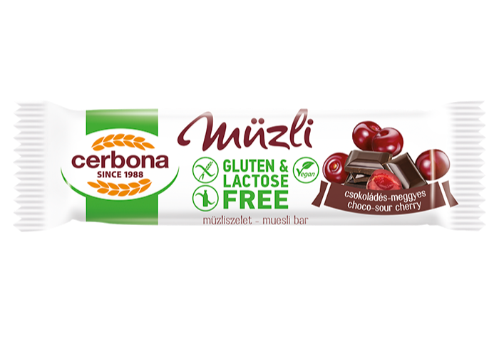 Baton musli cu ciocolată și visine, fara gluten, fara lactoza