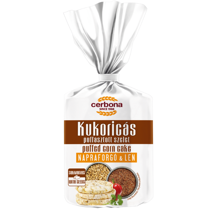 Puffed corn cake, with brown rice, linseeds and sunflower seeds