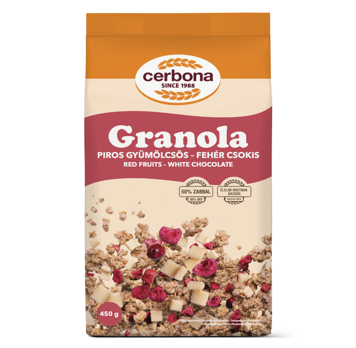 Granola cu fructe roșii și ciocolată albă